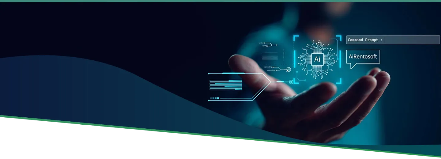 AI-powered hand interface showing AiRentoSoft features like AI License Scanning, AI Call Agent, and AI Damage Detection- symbolizing advanced automation in car rental management