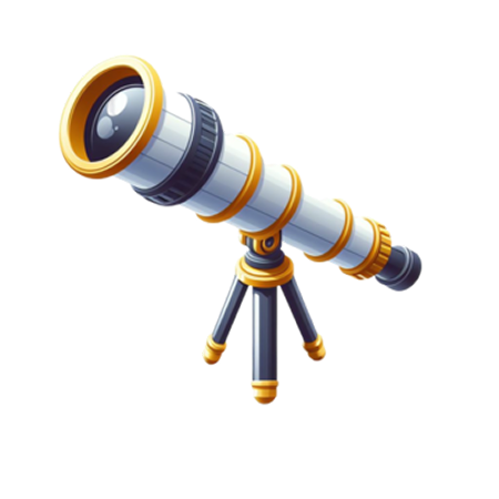 3D telescope pointing toward the future, symbolizing vision, strategy, and long-term planning