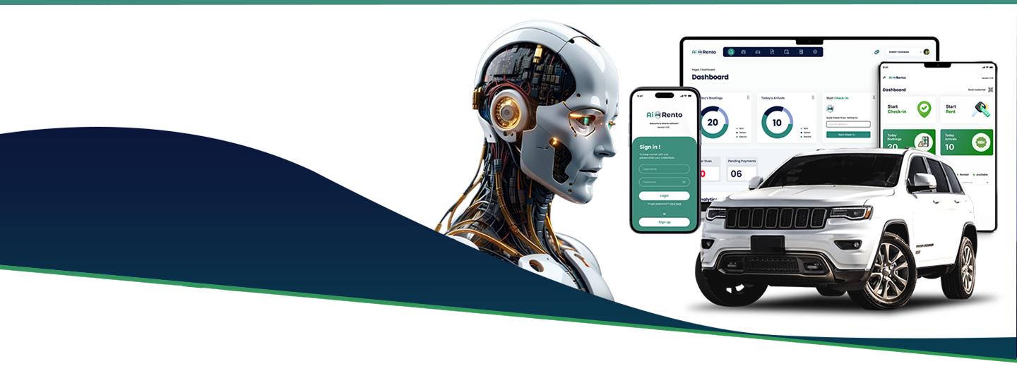 Robot illustration next to a white SUV and AiRentoSoft car rental dashboard screens