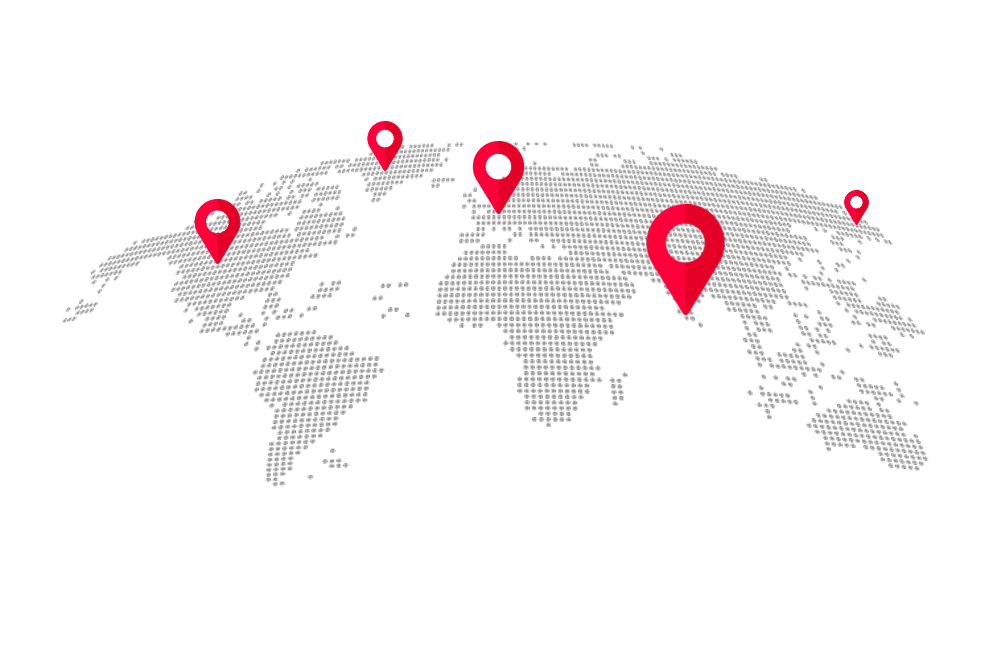 World map with red location markers representing AiRentoSoft’s global support and service reach