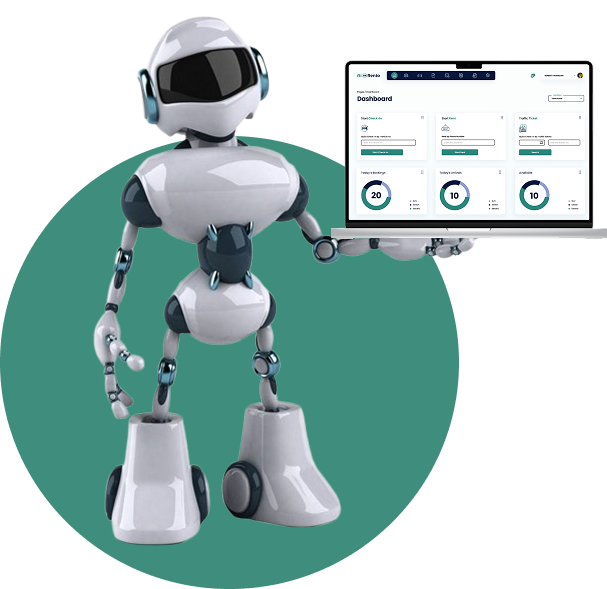 AiRentoSoft robot mascot holding a laptop with software dashboard