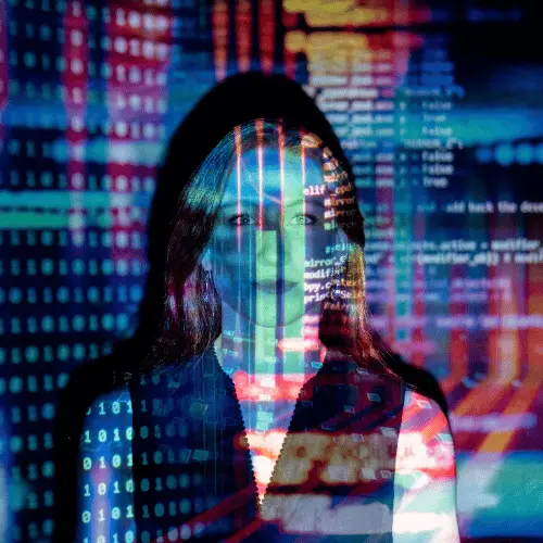Woman overlaid by digital data patterns and code