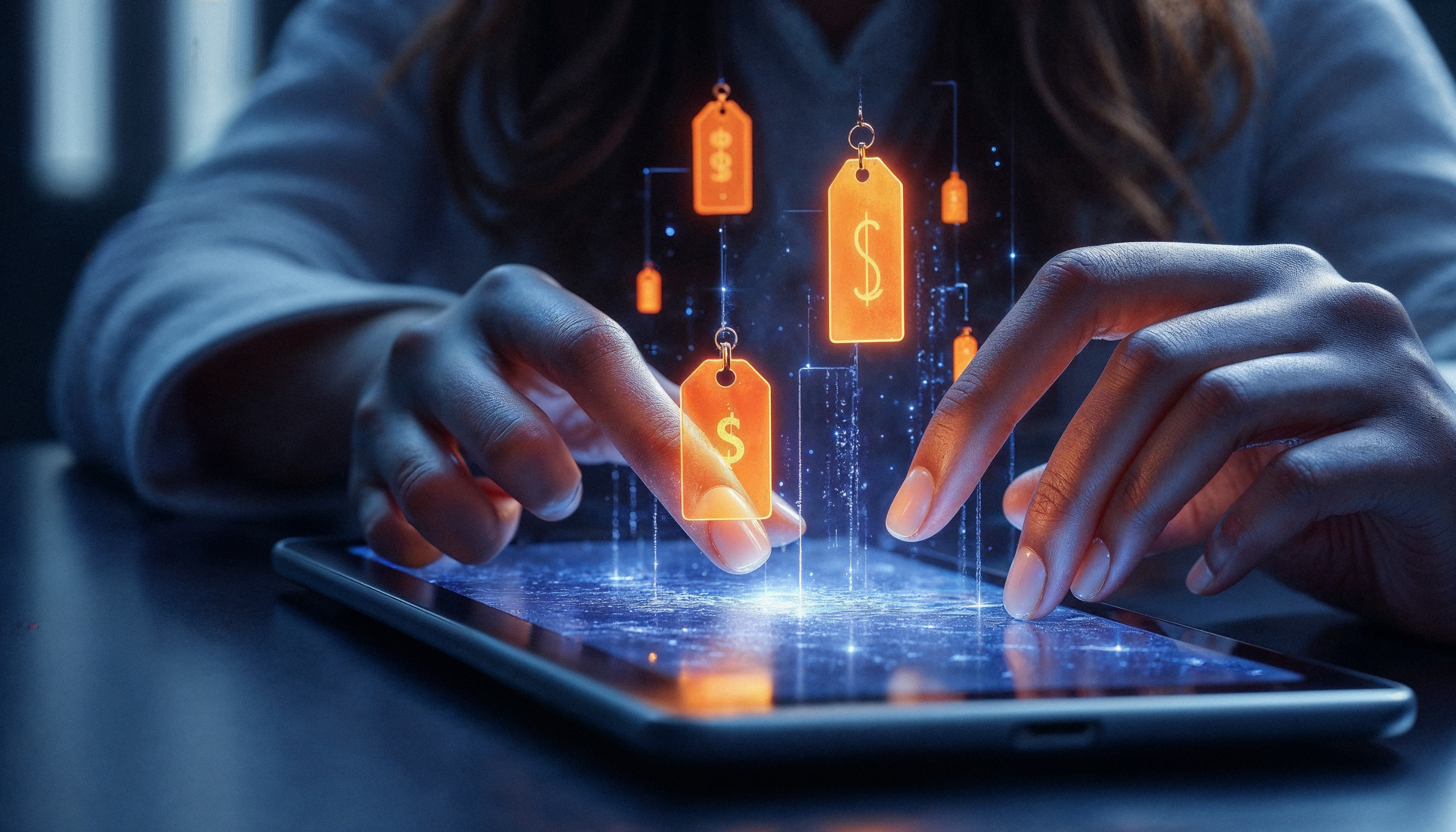 Hands interacting with digital price tags on a tablet
